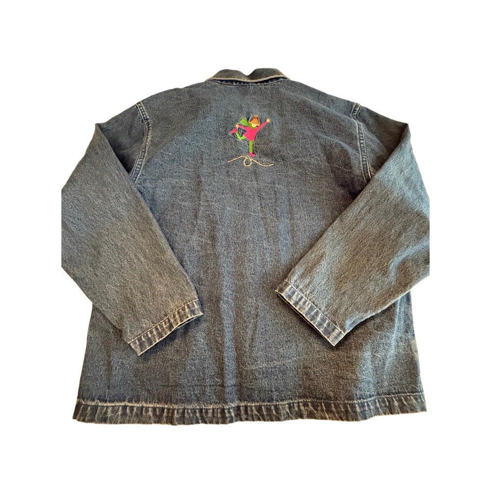 Embroidered Novelty Shacket Ice Skaters Denim Jacket  Winter whimsical Teacher M - Picture 3 of 9